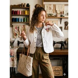 Hand-Embroidered Minnie Mouse White Denim Jacket Chadwick's‎ Size 16